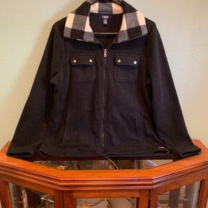 CHAPS SPORT FLEECE BLACK W/ BLACK & WHITE CHECKERED COLLAR FULL ZIP JACKET